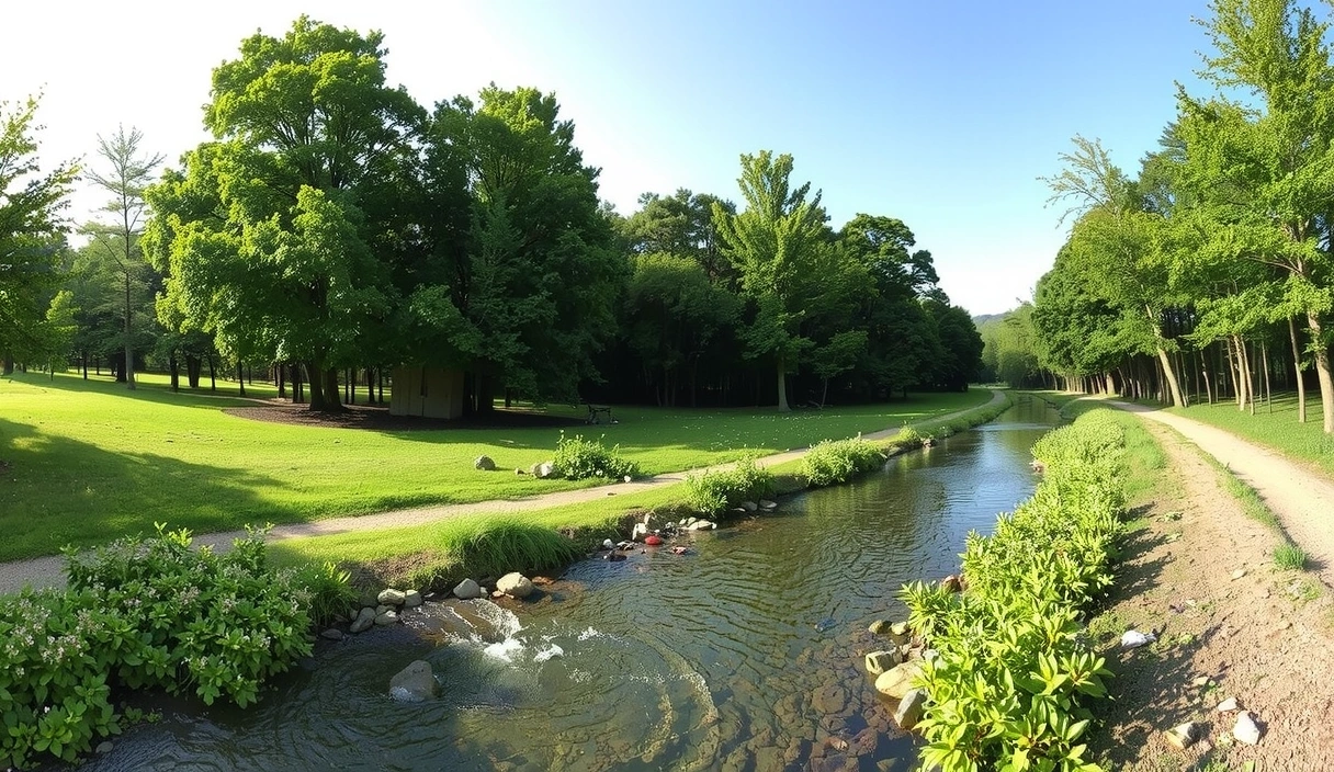 A serene landscape with lush greenery and a clear stream, symbolizing purity and nature.