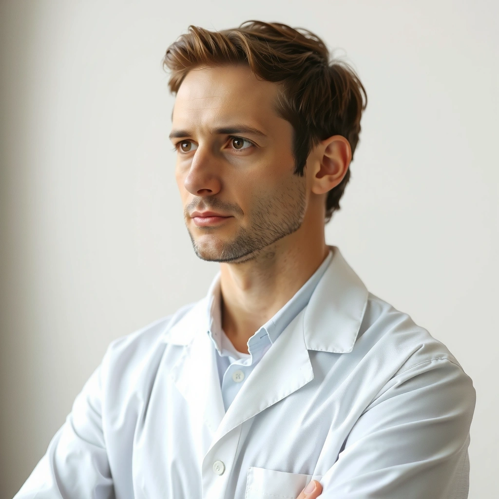 Portrait of a focused man in a lab coat.