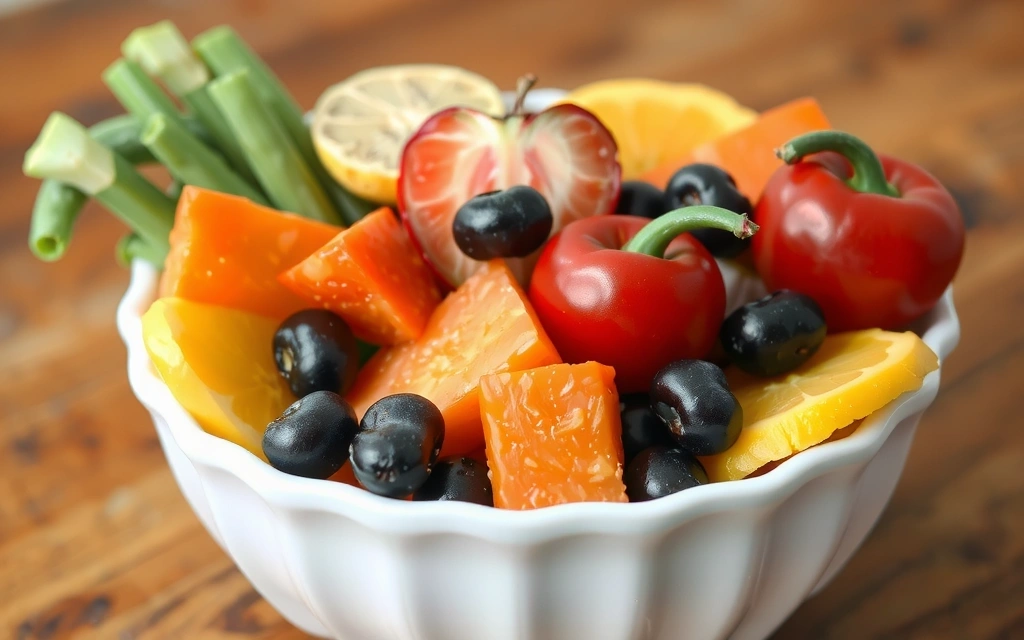 A vibrant bowl of fresh fruits and vegetables, symbolizing healthy nutrition.