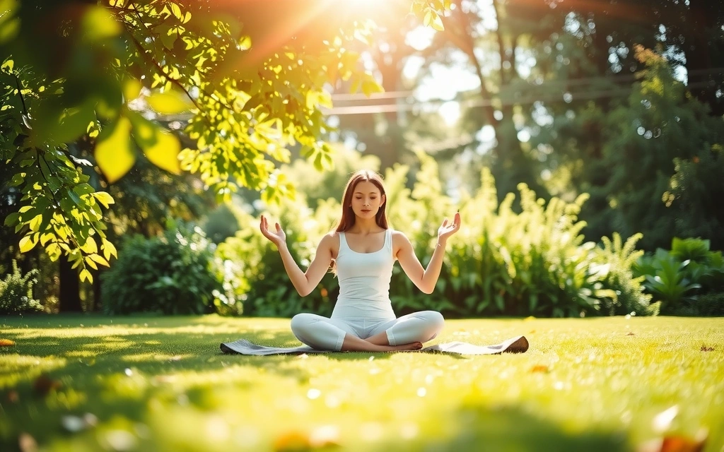 A woman meditating in a serene natural setting, representing health and wellness.