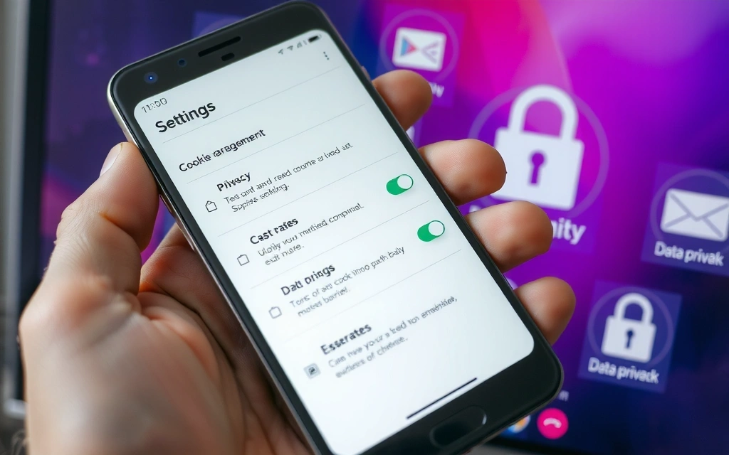 A hand holding a smartphone displaying cookie settings, with privacy icons in the background.