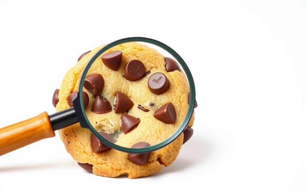 A chocolate chip cookie with a magnifying glass over it, symbolizing cookie policy investigation.