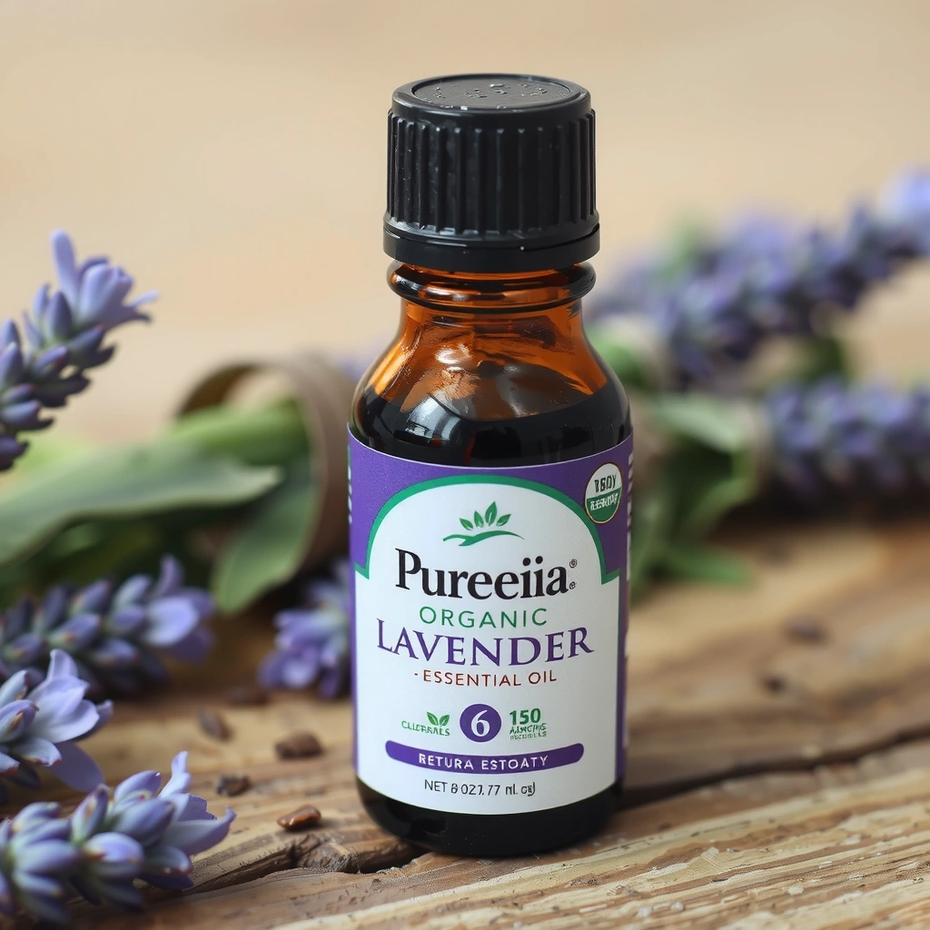 Pureenia Organic Lavender Essential Oil bottle on a wooden surface