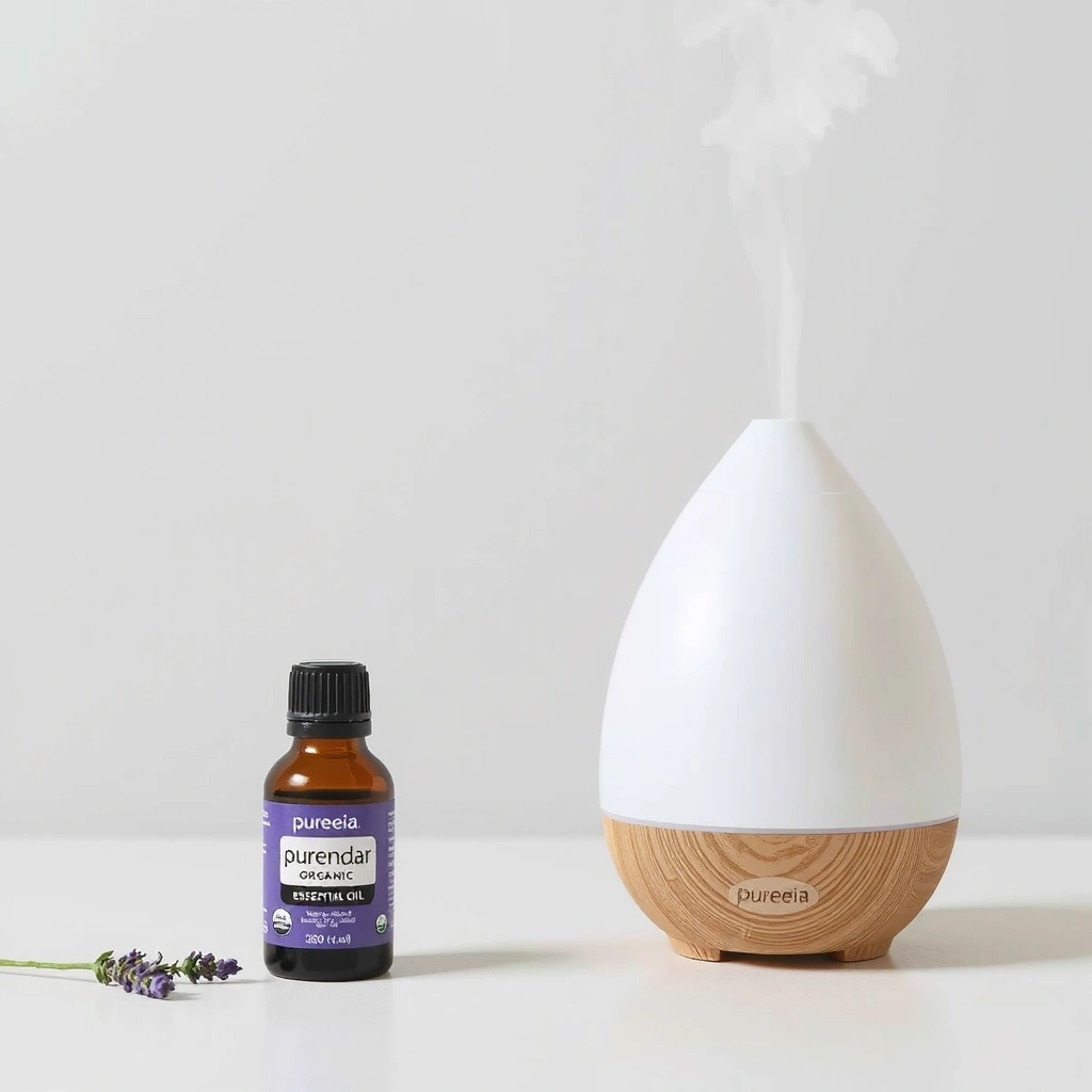 Pureenia Organic Lavender Essential Oil bottle with a diffuser