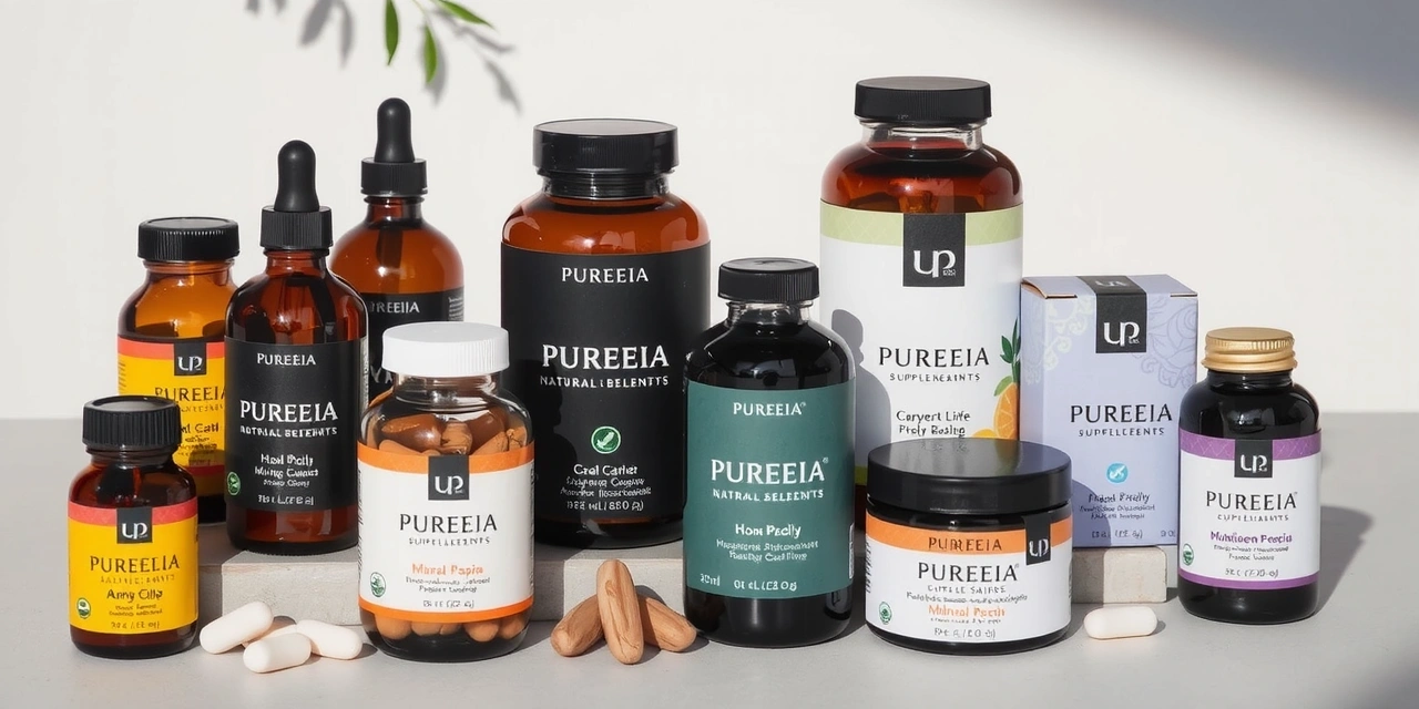 Assortment of Pureenia natural supplements in various bottles and packaging
